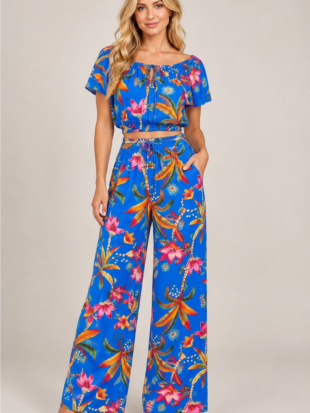 Rachel Roy Top & Pant Women’s Blue Tropical Print Wide-Leg Pant Set